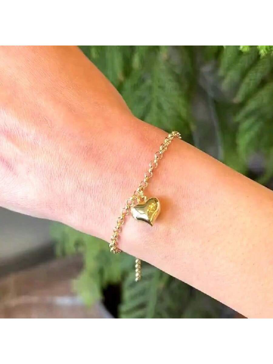 Pulseira Feminina Elo Português Berloque Coração Folheado A Ouro. ENVIO NACIONAL