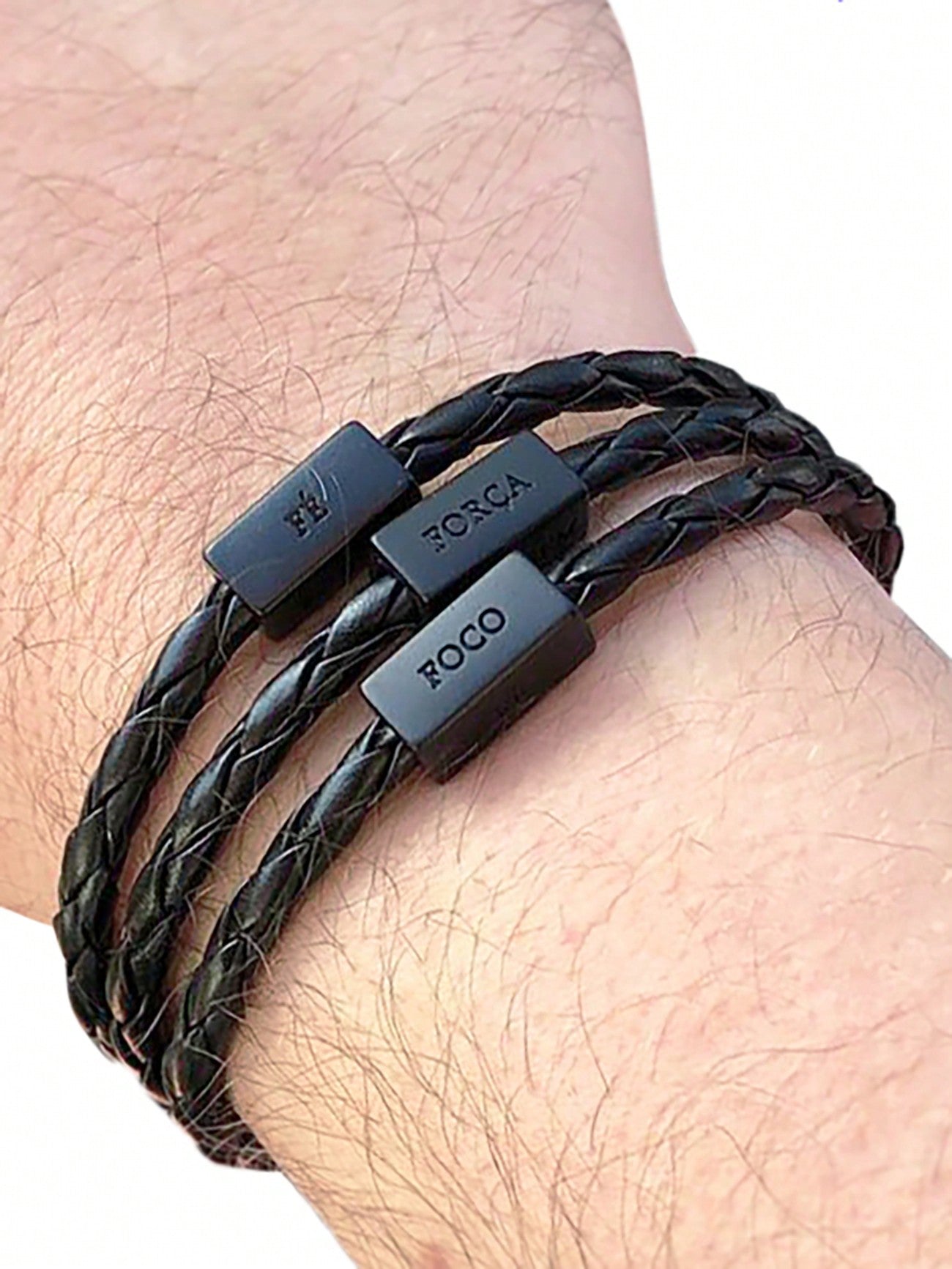 Pulseira Masculina Couro Preto Prata Ajustável Foco Força Fé Coragem. ENVIO NACIONAL